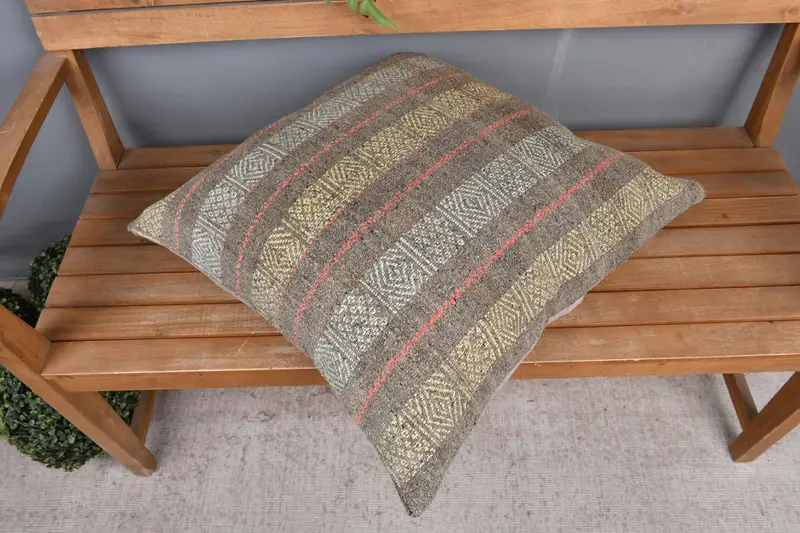 Neutral Cushion Case, Boho Pillow Sham Cover, Cushion Case, 24x24 Yellow Pillow, Traditional Pillow, Vintage Kilim Pillow, Turkish Pillow - 2