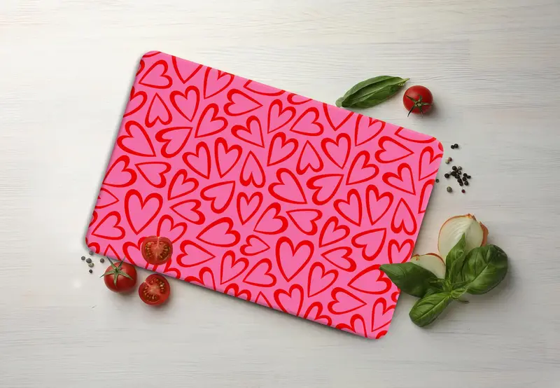 Modern Pattern Glass Cutting Board, Pink and Red Heart Design