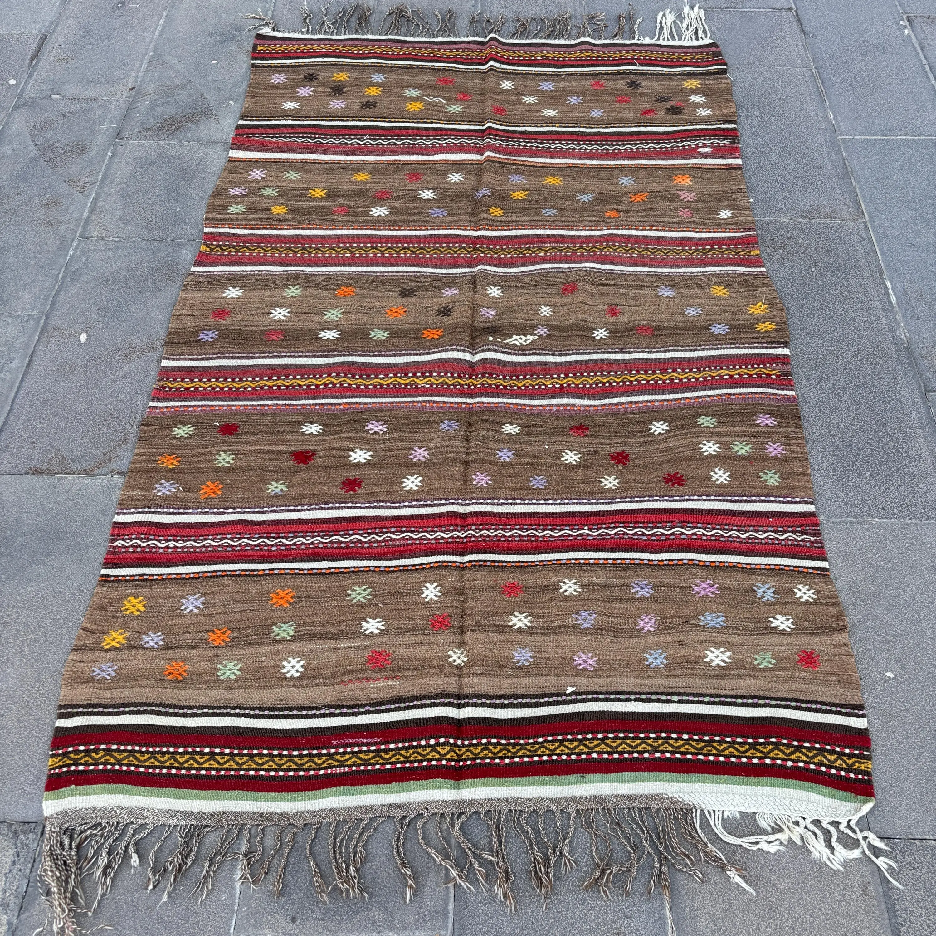 4.1x6.9 ft Turkish Vintage Rug, Area Rug, Brown Red Floral Wool Rug - 1