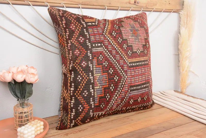 Rot, rosa besticktes Wurfkissen, geometrisches Vintage-Design, 28x28