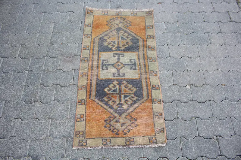 Alfombra turca, alfombra pequeña de 1,6x3,4 pies, alfombra vintage de lana Ikat naranja - 1