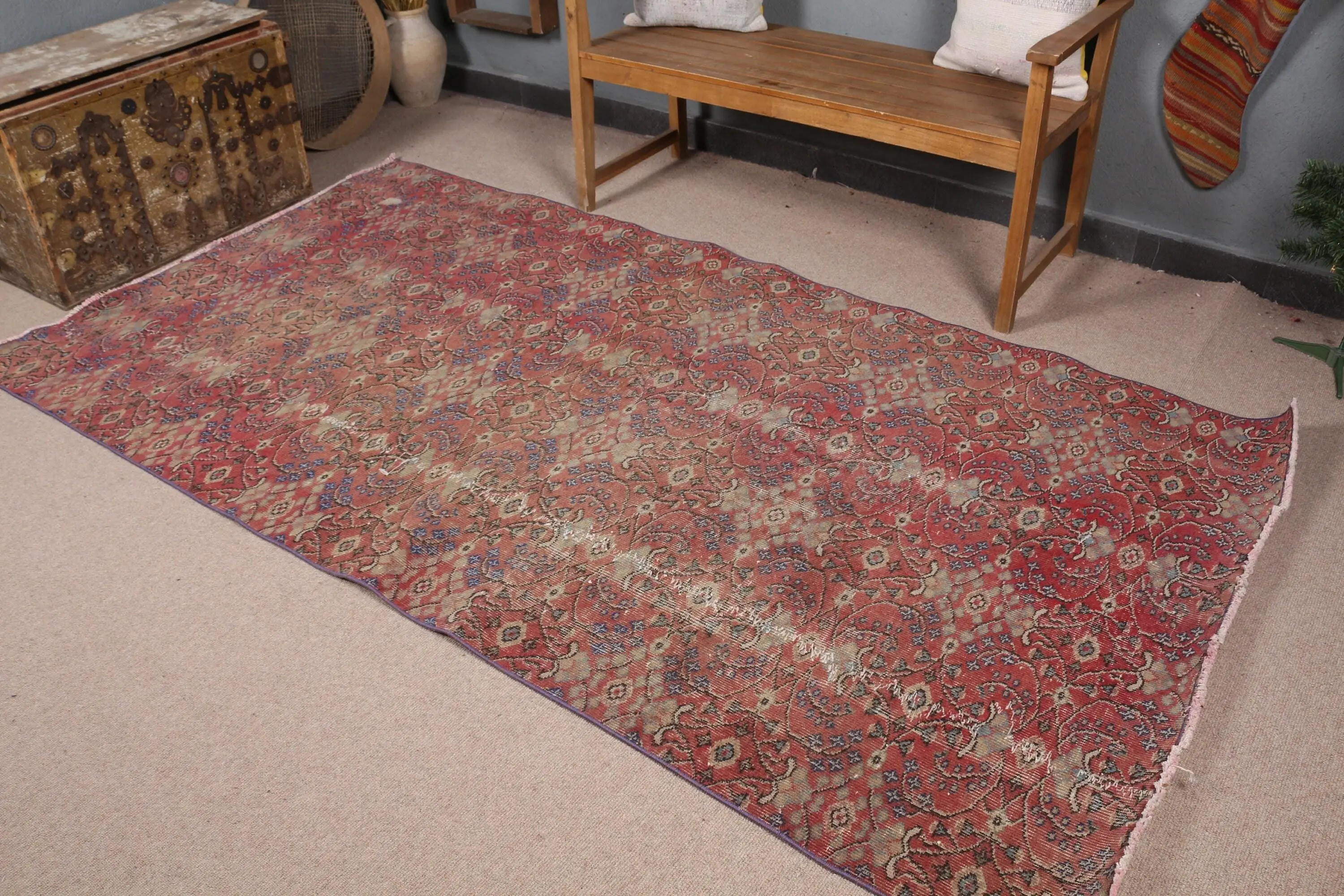 Vintage-Teppich, 4,5 x 8,6 Fuß türkischer Teppich, roter Wollteppich - 1