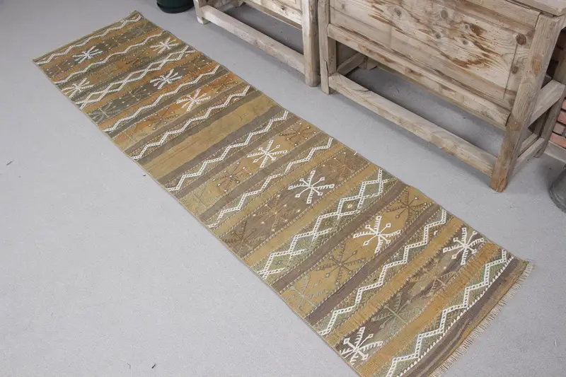 1.8x7.1 ft Türk Vintage Halı, Yolluk Halı, Kilim Kahverengi Yün Halı - 1
