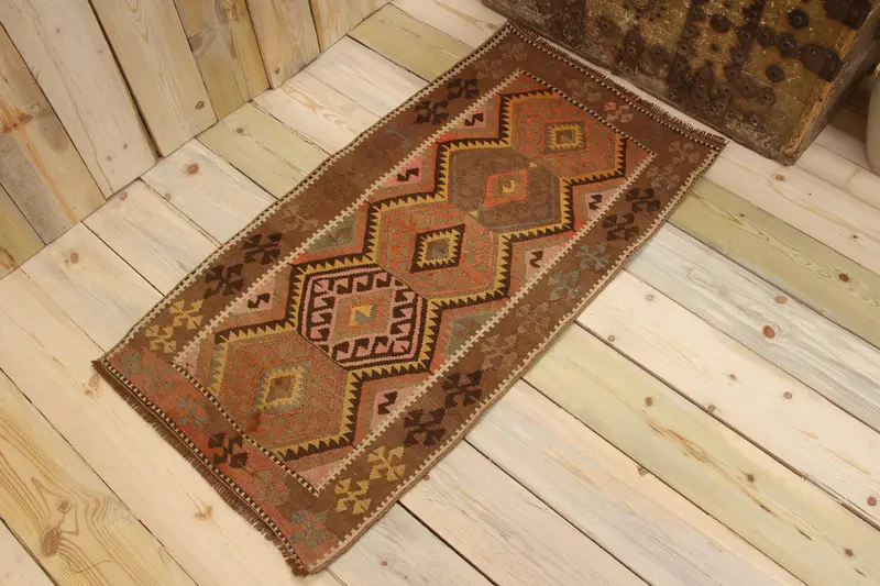 ヴィンテージ Oushak スモール ラグ 1.9x3.6 フィート (59x109 cm)、ターキッシュ ブラウン 植物と木々 ウール ラグ - 1