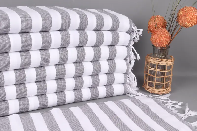Dark Gray Striped Organic Cotton Towel, Tea Towel, 20x44 Inches
