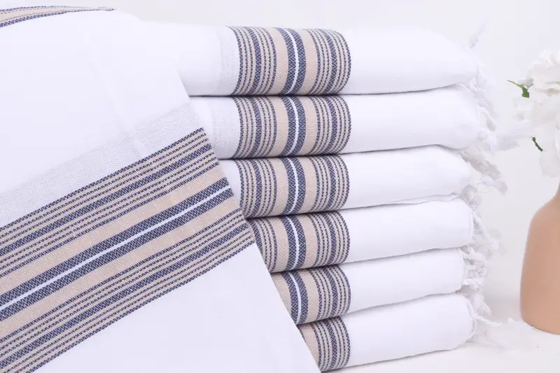 Kişiye Özel Hediye Bej-Lacivert Çizgili Pamuk Havlu, 40x71 İnç