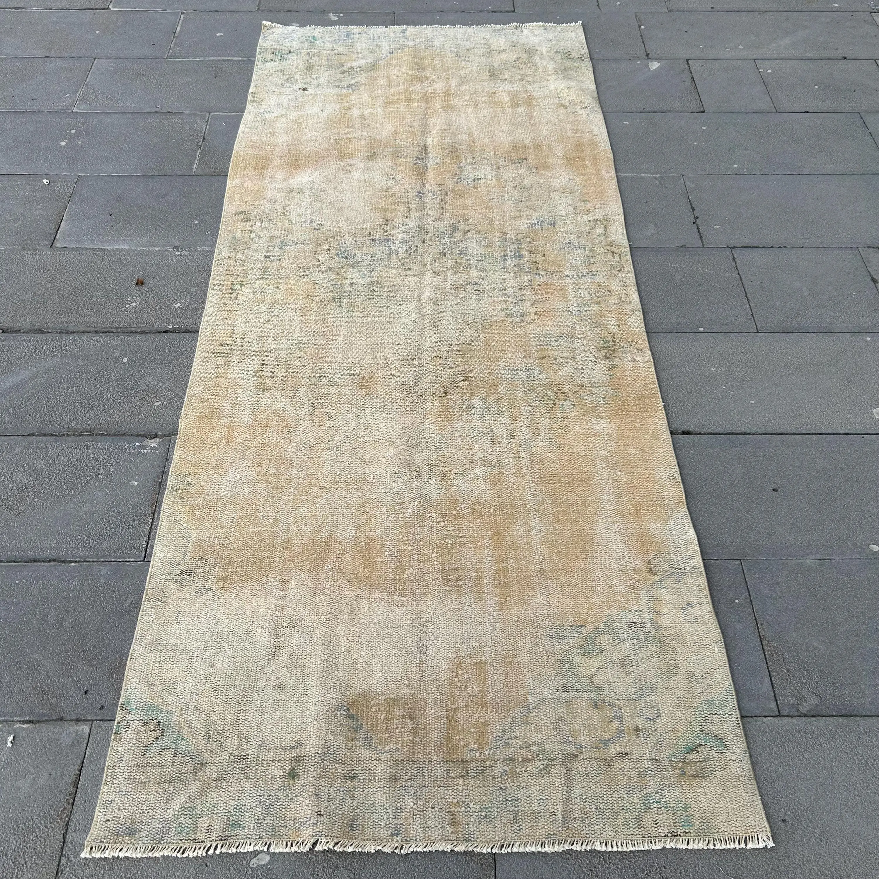 3,37 x 8,2 ft Teppich, türkischer Vintage-Teppich, braun-blauer Ombré-Wollteppich - 1