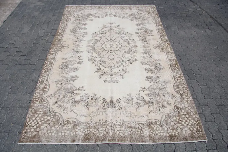 Vintage Rug, 6.5x10 ft Large Rug, Gray Plants & trees Wool Turkish Rug - 1