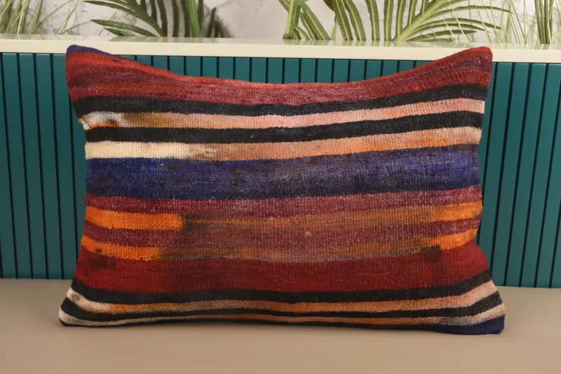 Holiday Decor Turkish Cushion Cover, Striped Blue 16x24 inch Gift Pillow Cover - 1