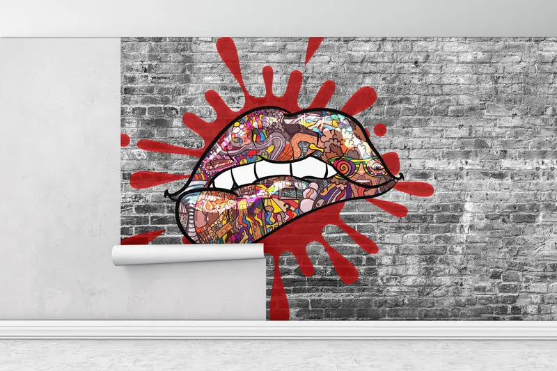 Bright Wall Paper,Lip Graffiti Wall Decor,Erotic Wall Painting,3d Wall Paper,Custom Wall Paper,Biting Lips Wall Art, - 1