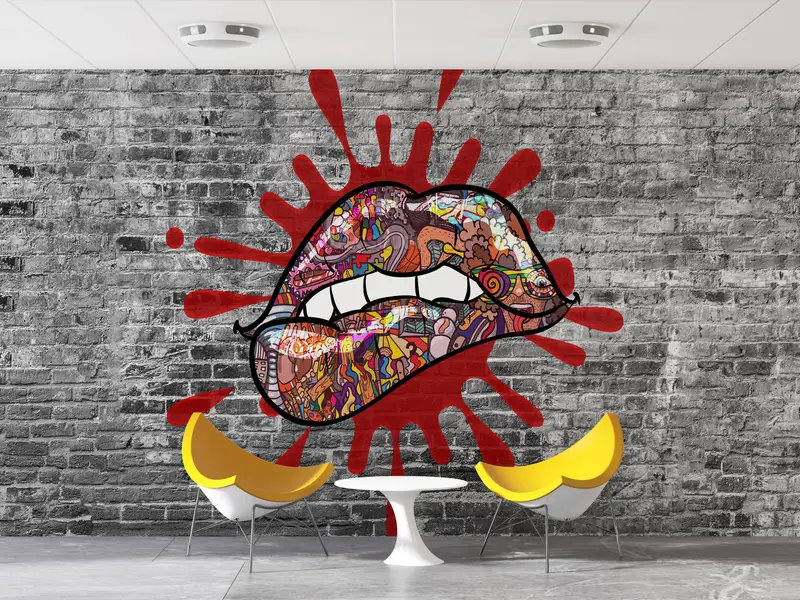 Bright Wall Paper,Lip Graffiti Wall Decor,Erotic Wall Painting,3d Wall Paper,Custom Wall Paper,Biting Lips Wall Art, - 3