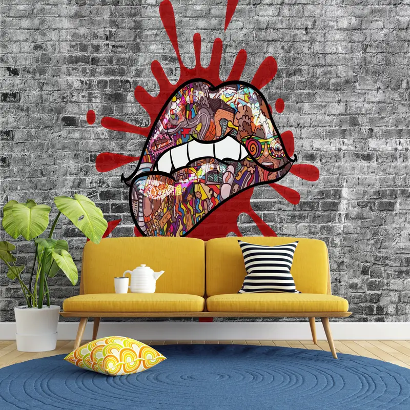 Bright Wall Paper,Lip Graffiti Wall Decor,Erotic Wall Painting,3d Wall Paper,Custom Wall Paper,Biting Lips Wall Art, - 6