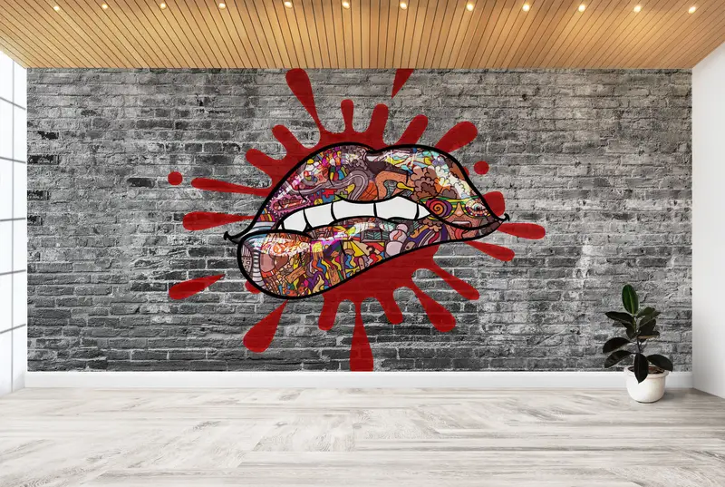Bright Wall Paper,Lip Graffiti Wall Decor,Erotic Wall Painting,3d Wall Paper,Custom Wall Paper,Biting Lips Wall Art, - 4