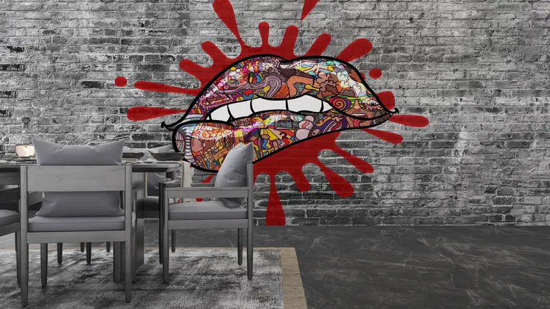 Bright Wall Paper,Lip Graffiti Wall Decor,Erotic Wall Painting,3d Wall Paper,Custom Wall Paper,Biting Lips Wall Art, - 5