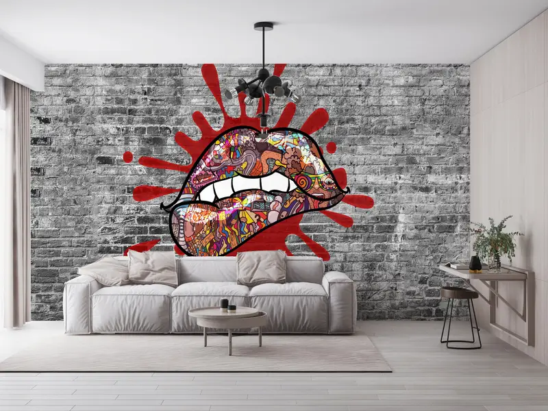 Bright Wall Paper,Lip Graffiti Wall Decor,Erotic Wall Painting,3d Wall Paper,Custom Wall Paper,Biting Lips Wall Art, - 7