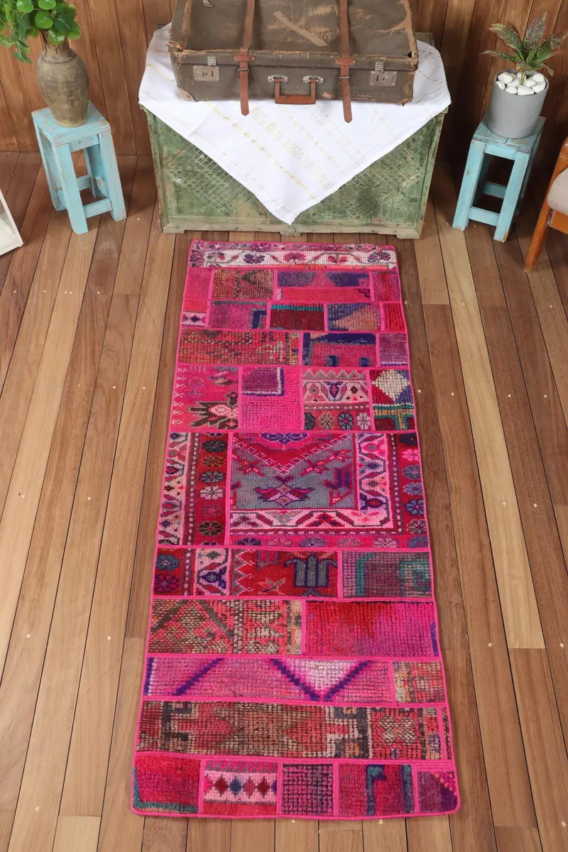 Vintage Turkish Runner Rug 2.3x6.1 ft, Pink Purple Geometric Wool Rug - 1