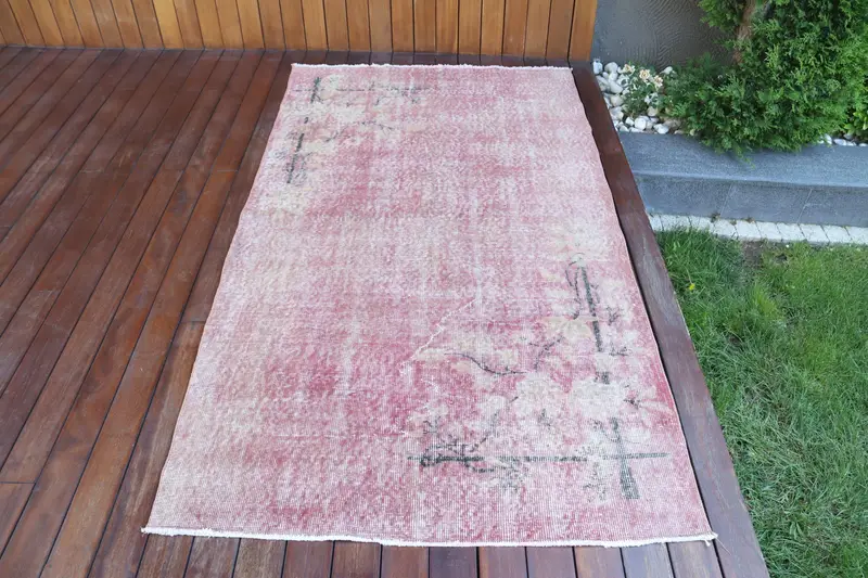 Vintage Türk Halısı, 3.7x6.8 ft Oushak Halı, Kırmızı İkat Yün Halı - 1