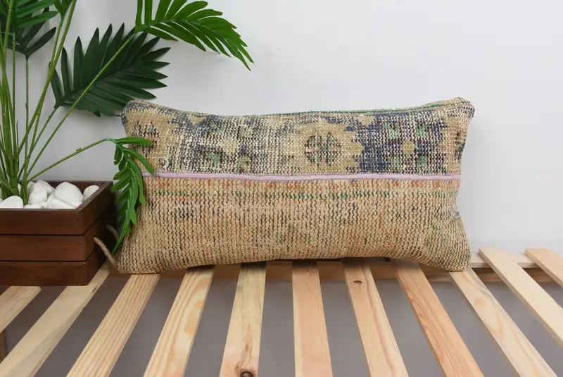 Kilim Pillow, 12x24 Blue Cushion Case, Ottoman Pillow Cover, Pillow, Vintage Kilim Throw Pillow, Turkish Pillow, Square Throw Pillow Case - 1