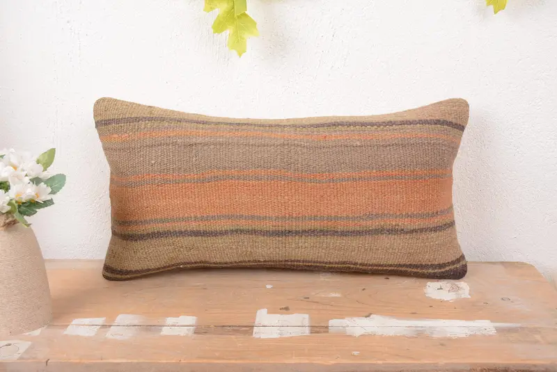 Orange & Beige Striped Pillow, Embroidered Vintage Throw Pillow