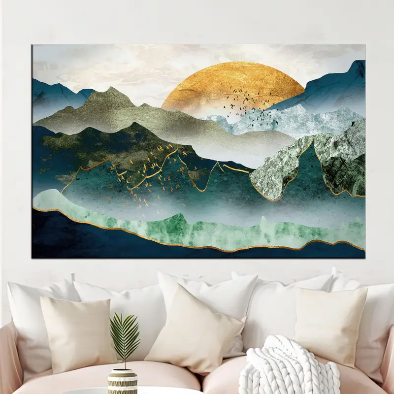 ゴールデン サン マウンテン キャンバス: モダンでラグジュアリーな抽象アート プリント