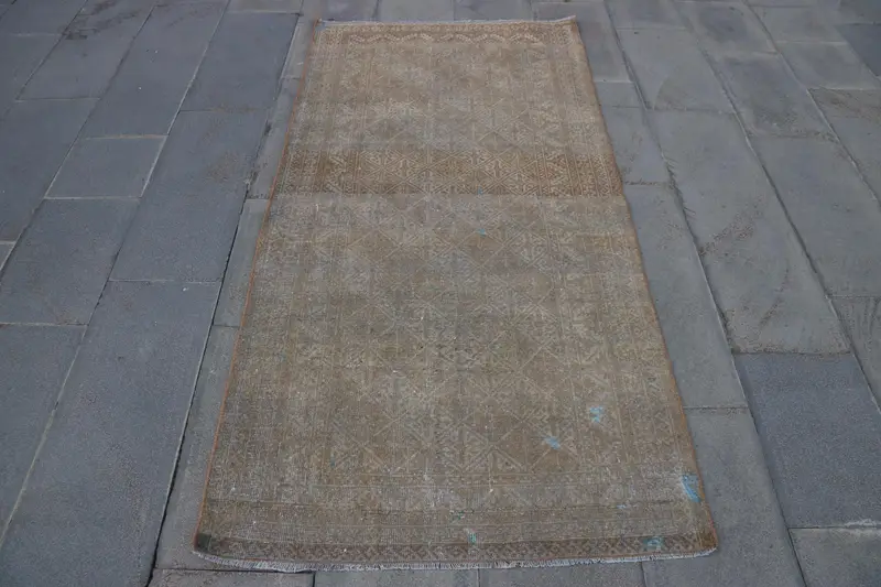 Vintage Accent Rug, 3.2x6.46 ft Turkish Rug, Brown Check Wool Rug - 1
