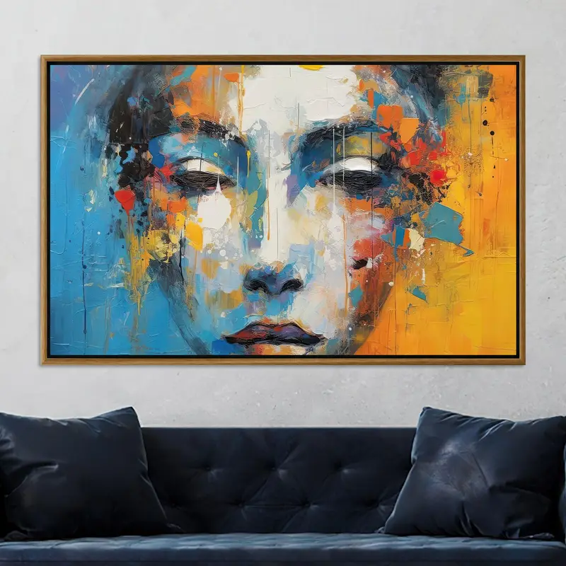 Eleganter abstrakter Frauenporträt-Leinwanddruck – leuchtendes Blau und Orange