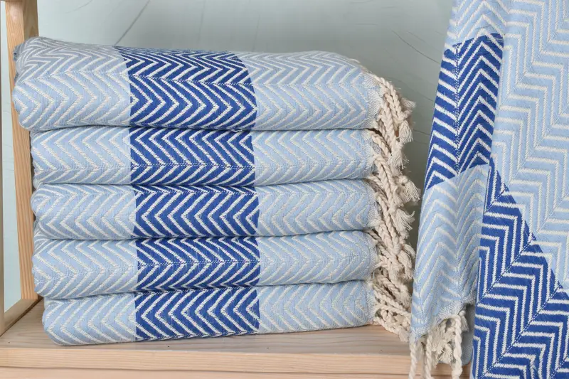 Personalized Beach Towel Baby Blue-Sax Blue Chevron, Organic Cotton/Linen, 40x71 Inches