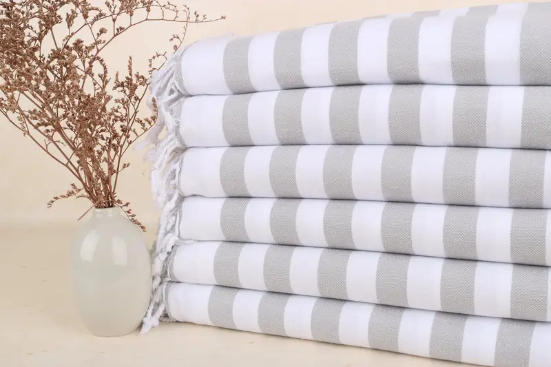 Beach Towel Gray Cotton Striped Monogrammed, 36x67 Inches