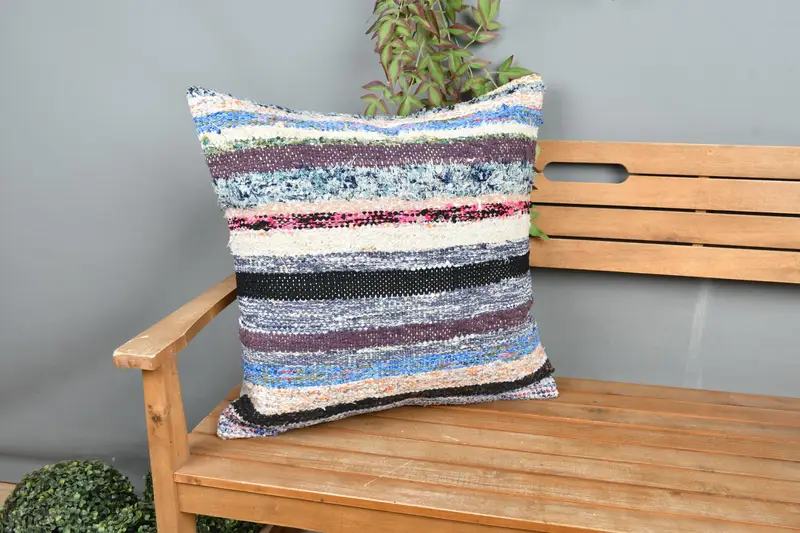 Beige & Purple Striped Pillow, 24x24 Inches Decorative Pillow - 1
