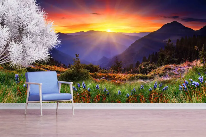 Basılı Duvar Kağıdı: Görkemli Dağ Manzarası Üzerinde Gün Doğumu