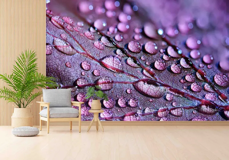 Moderne bedruckte Tapete mit lila Blättern und Wassertropfen – trendiges Design