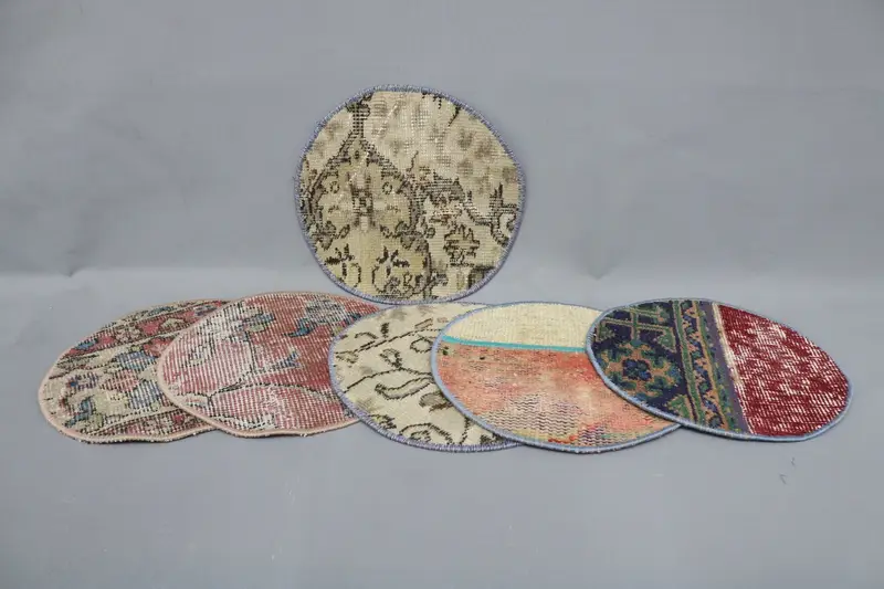 Mantel individual bohemio con círculos azules y rosas, mantel individual de algodón y lana