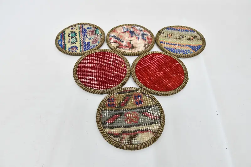 Juego de posavasos Kilim rojo y bronce, posavasos de alfombras turcas únicas