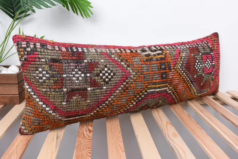 Boho Pillow Sham Cover, 12x36 Red Cushion, Handmade Cushion Case, Lounge Throw Pillow Sham, Kilim Cushion Sham, Turkish Kilim Pillow, Cushion - 4