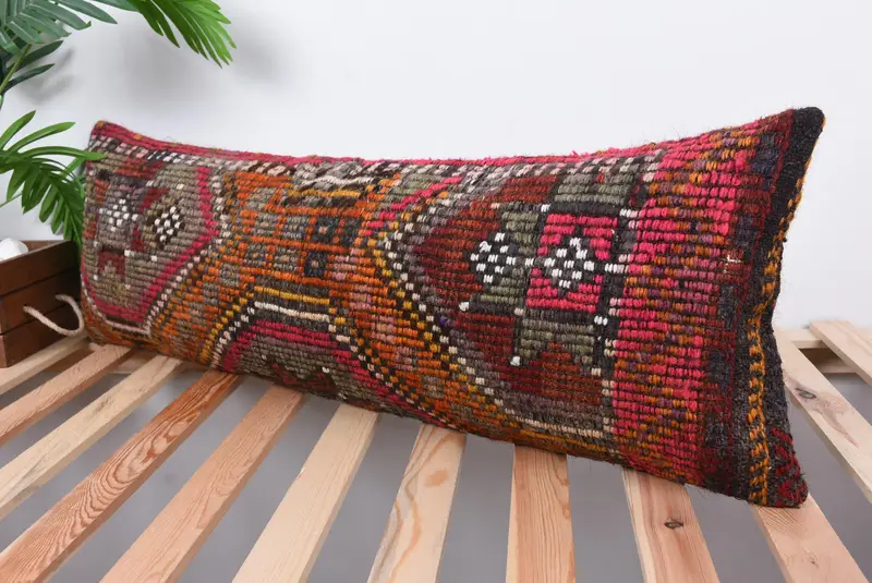 Boho Pillow Sham Cover, 12x36 Red Cushion, Handmade Cushion Case, Lounge Throw Pillow Sham, Kilim Cushion Sham, Turkish Kilim Pillow, Cushion - 5