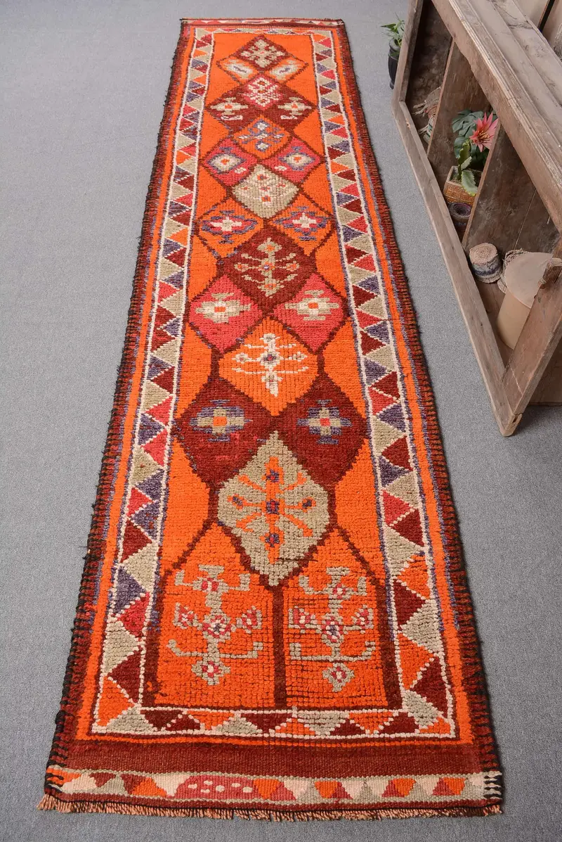 Orange & Purple Rug, 2,8x11,9 ft Bordered Design