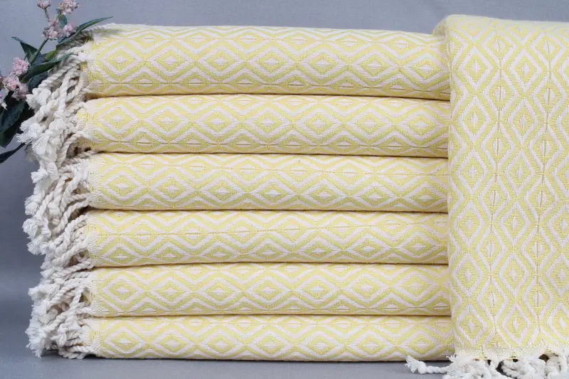 Embroidered Light Yellow Turkish Beach Towel, Diamond Pattern, 40x71 Inches
