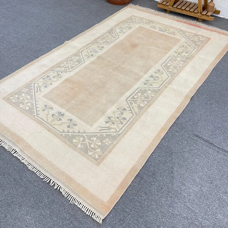 5.1x8.3 ft Vintage Türk Halısı, Büyük Halı, Oushak Bej Yün Halı - 1