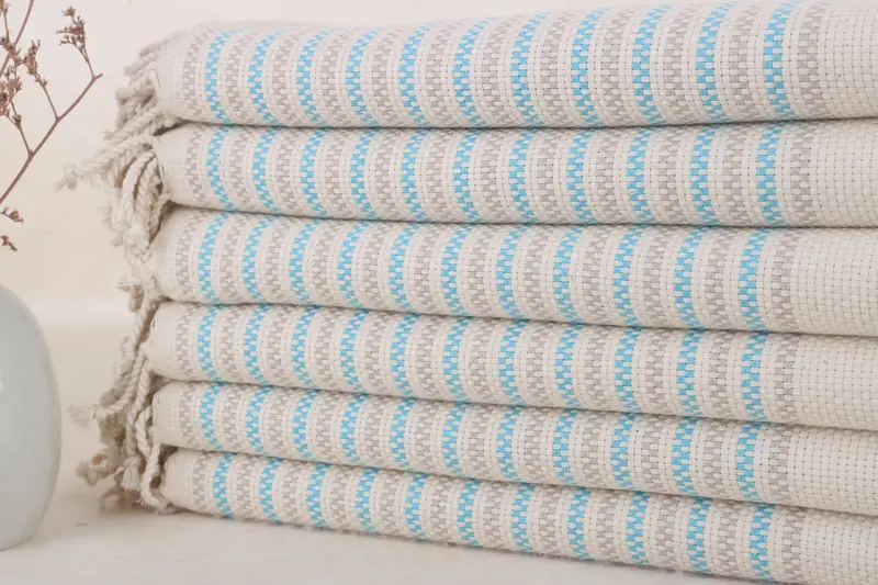Turkish Cotton Towel Turquoise-Beige, 40x71 Inches