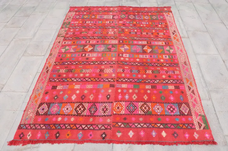 Kırmızı ve Yeşil Halı, 5,4x7,4 ft Botanik Tasarım