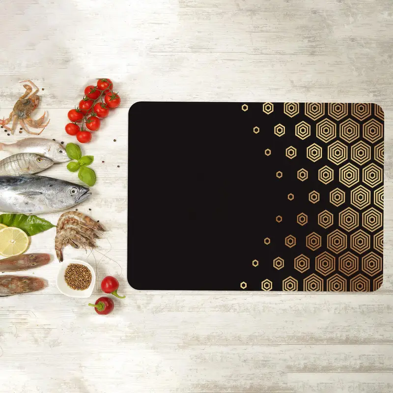 Siyah Altın Lüks Tasarımlı Geometrik Desenli Cam Kesme Tahtası