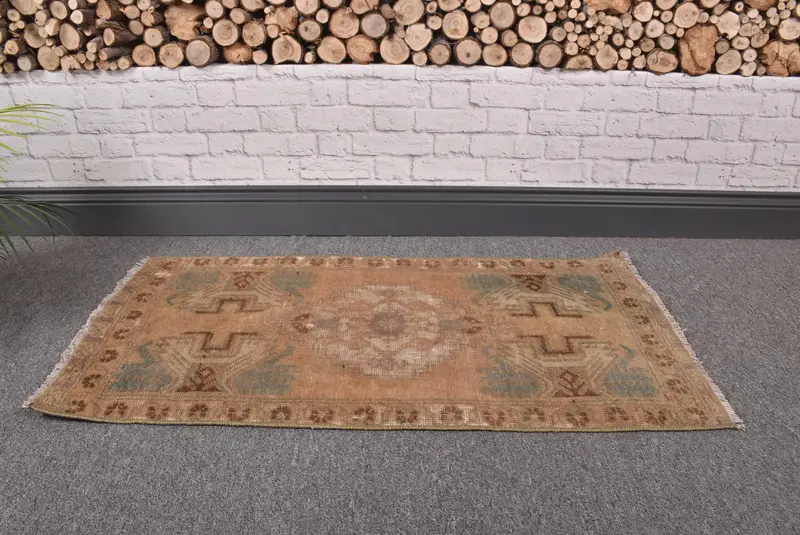 Turkish Vintage Small Rug 1.4x2.8 ft, Oushak Brown Wool Rug - 1
