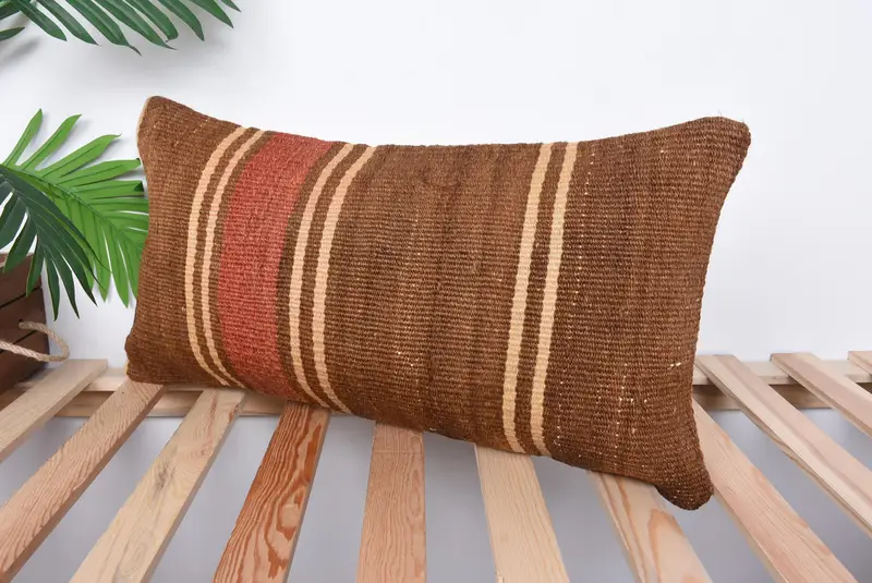 Comfy Throw Pillow Sham, Vintage Kilim Pillow, Toss Cushion, Pillow Case, Throw Kilim Pillow, Kilim Pillow Cover, 12x24 Brown Cushion Case - 5