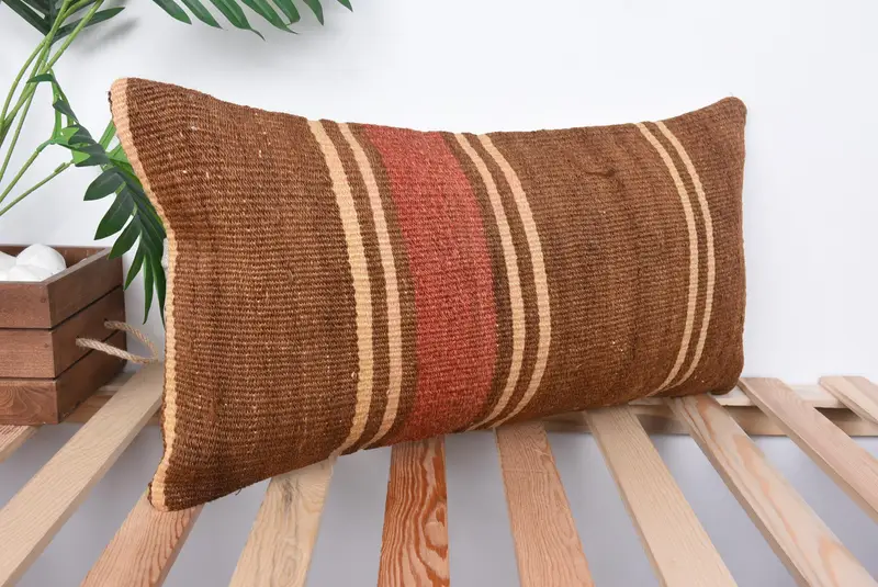 Comfy Throw Pillow Sham, Vintage Kilim Pillow, Toss Cushion, Pillow Case, Throw Kilim Pillow, Kilim Pillow Cover, 12x24 Brown Cushion Case - 4