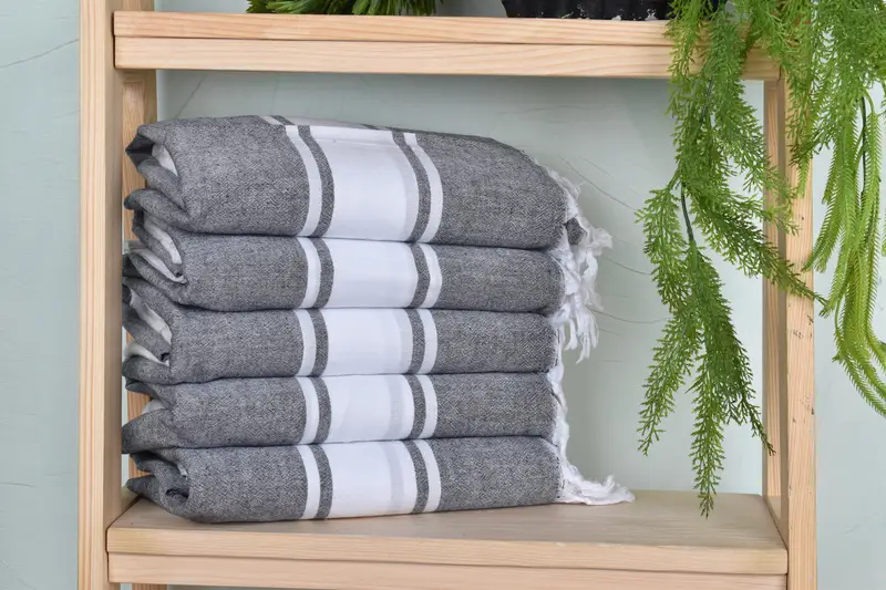 Black Cotton Towel Turkish Beach Striped, Organic Cotton, 40x71 Inches