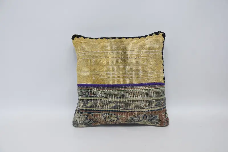 Square Vintage Cushion, Antique 16x16 inch WovenBlue Wool Pillow - 1