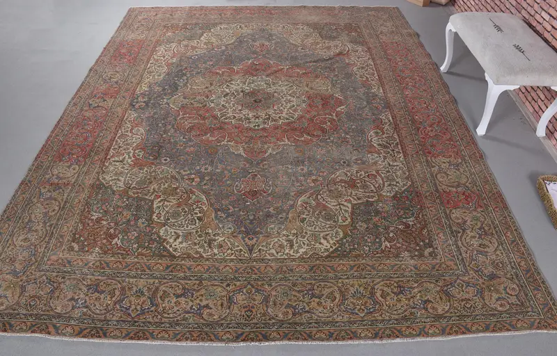 Kırmızı ve Mor Halı, 9x11,5 ft Geometrik Çiçek Desenli