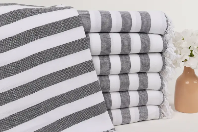 Koyu Gri Pamuklu Plaj Havlusu Çizgili Özel, 36x67 İnç