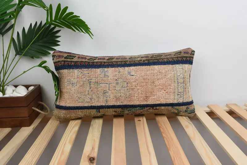 Ethnical Kilim Rug Pillow, Yoga Cushion, 12x24 Beige Pillow Case, Boho Pillow Sham Cover, Armchair Cushion Case, Cushion Cover, Vintage Pillow - 1