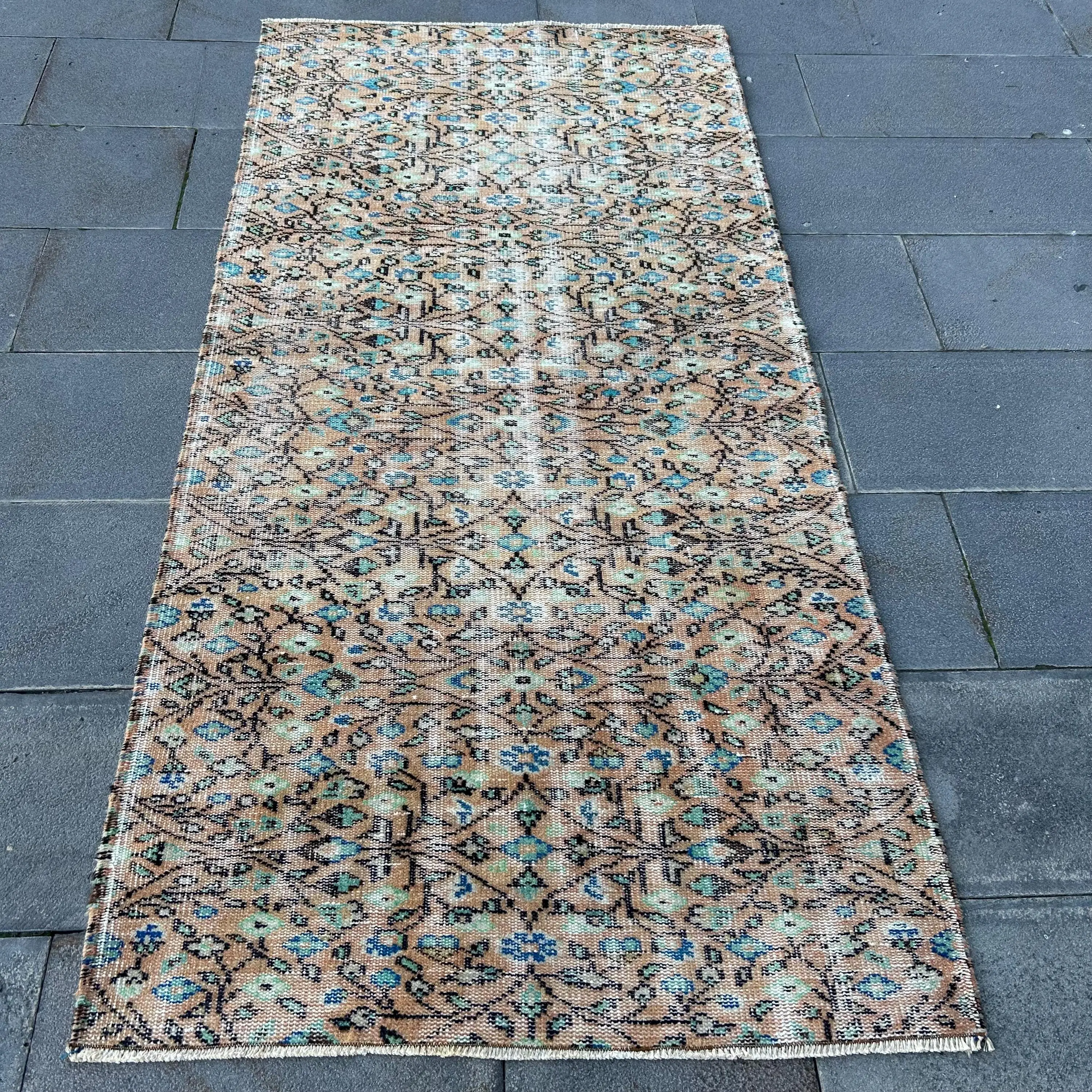 3.3x6.7 ft Türk Vintage Halı, Accent Halı, Kahverengi Mavi Katı Yün Halı - 1